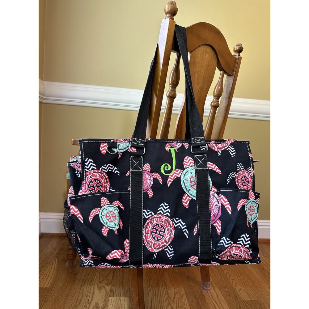 Turtle Tote Bag by N. Gil Large Black Water Resistant Top Zip, pockets Intial J